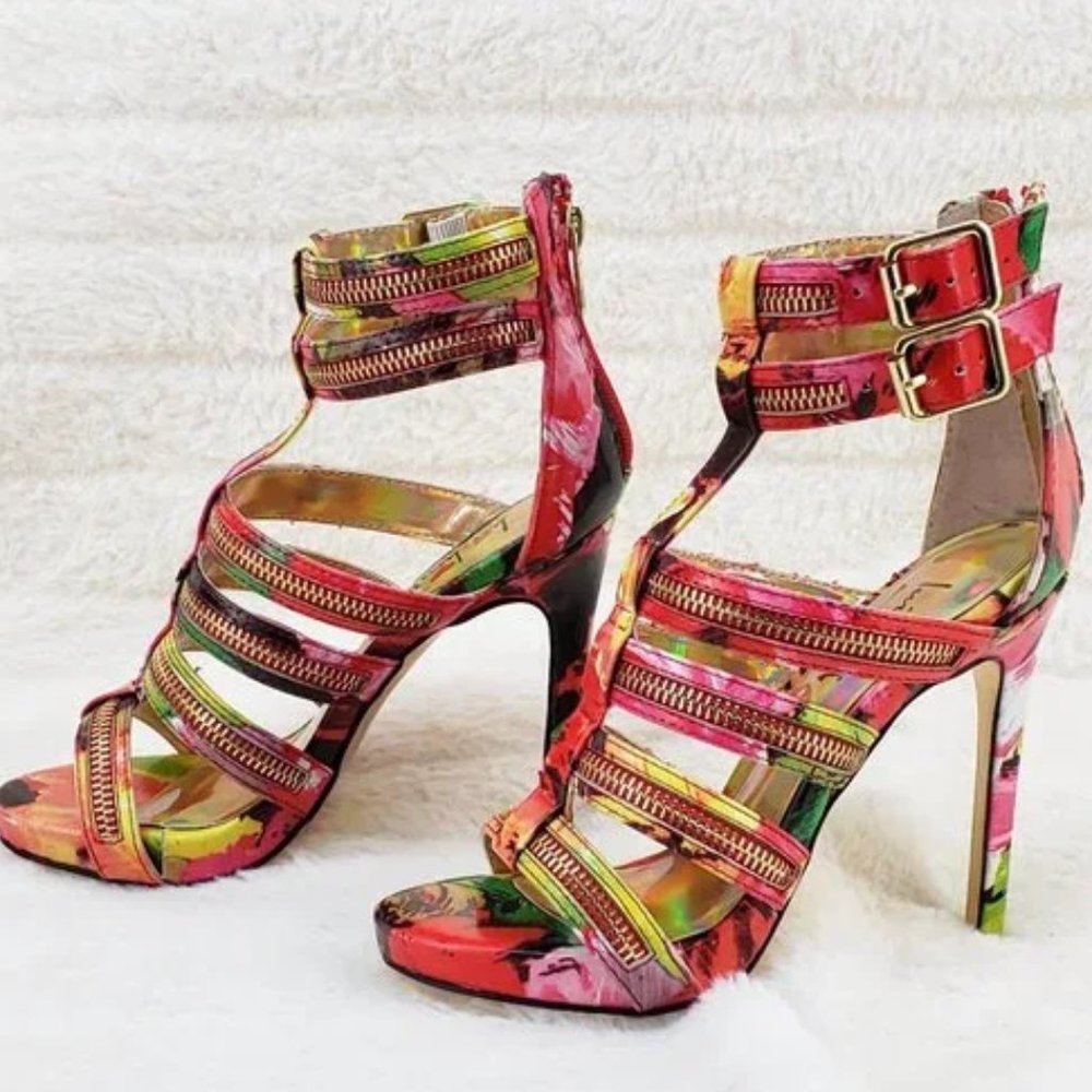 Luichiny Red Multi Tone It High Heel Cage Strap Mini Platform Spring Sandals - Picture 3 of 8